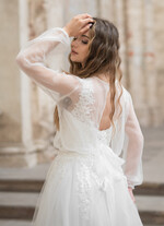 Panna Młoda Bolerka bolerka, narzutki, sweterki Delikatne szyfonowe bolerko ślubne z dlugim rekawem,  Bolerko ślubne Boho z odkrytymi plecami, delikatna mgiełka2