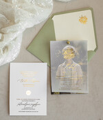 Zaproszenia na Komunię  chłopiec szałwiowe złocone zaproszenia na Komunię ze zdjęciem  Kalkowe Zaproszenia komunijne personalizowane2
