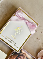 Zaproszenia na Komunię  Dla Chrzestnych i Dziadków Różowo Złote Zaproszenia na Komunię w Pudełku ze zdjęciem Zaproszenie Komunijne dla Matki Chrzestnej i Ojca Chrzestnego  lub dla Babci i Dziadka2