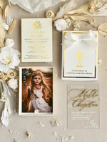 Zaproszenia na Komunię  Dla Chrzestnych i Dziadków klasyczne Złote Zaproszenia na Komunię w Pudełku ze zdjęciem Zaproszenie Komunijne dla Matki Chrzestnej i Ojca Chrzestnego lub dla Babci i Dziadka3