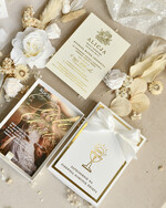 Zaproszenia na Komunię  Dla Chrzestnych i Dziadków klasyczne Złote Zaproszenia na Komunię w Pudełku ze zdjęciem Zaproszenie Komunijne dla Matki Chrzestnej i Ojca Chrzestnego lub dla Babci i Dziadka8