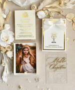 Zaproszenia na Komunię  Dla Chrzestnych i Dziadków klasyczne Złote Zaproszenia na Komunię w Pudełku ze zdjęciem Zaproszenie Komunijne dla Matki Chrzestnej i Ojca Chrzestnego lub dla Babci i Dziadka0