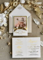 ZAPROSZENIA NA CHRZCINY dla chłopca zaproszenie na Chrzest Złote Eleganckie zaproszenie na chrzciny ze zdjęciem presonalizowane 2