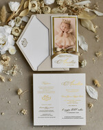 ZAPROSZENIA NA CHRZCINY dla dziewczynki  Złocone Zaproszenie na Chrzest, Eleganckie Zaproszenia na Chrzciny ze Zdjęciem 1