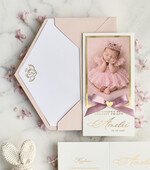 ZAPROSZENIA NA CHRZCINY dla dziewczynki  Złocone Zaproszenie na Chrzest, Eleganckie Zaproszenia na Chrzciny ze Zdjęciem 1