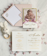 ZAPROSZENIA NA CHRZCINY dla dziewczynki  Złocone Zaproszenie na Chrzest, Eleganckie Zaproszenia na Chrzciny ze Zdjęciem 1