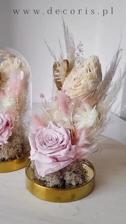 Prezenty, Podziękowania dla Rodziców Kompozycje Kwiatowe / Flowerboxy prezent dla Rodziców na wesele, kwiaty dla Rodziców podziękowanie, suszone kwiaty w szkle, różowa wieczna róża, podziękowanie dla Rodziców kwiaty w szklanej kopułce1