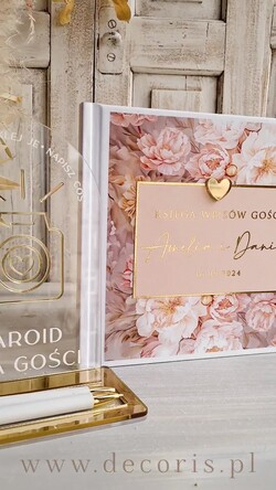 Księgi wpisów gości glamour księga gości na wesele pamiątka ślubu, księga wpisów gości z peoniami złote napisy, elegancka różowo złota księga wpisów gości elegancka księga ślubna1